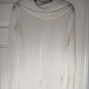 Unionbay L White Ramie Acrylic Sheer Knit Cable Lslvs CowlNeck Women's Sweater.